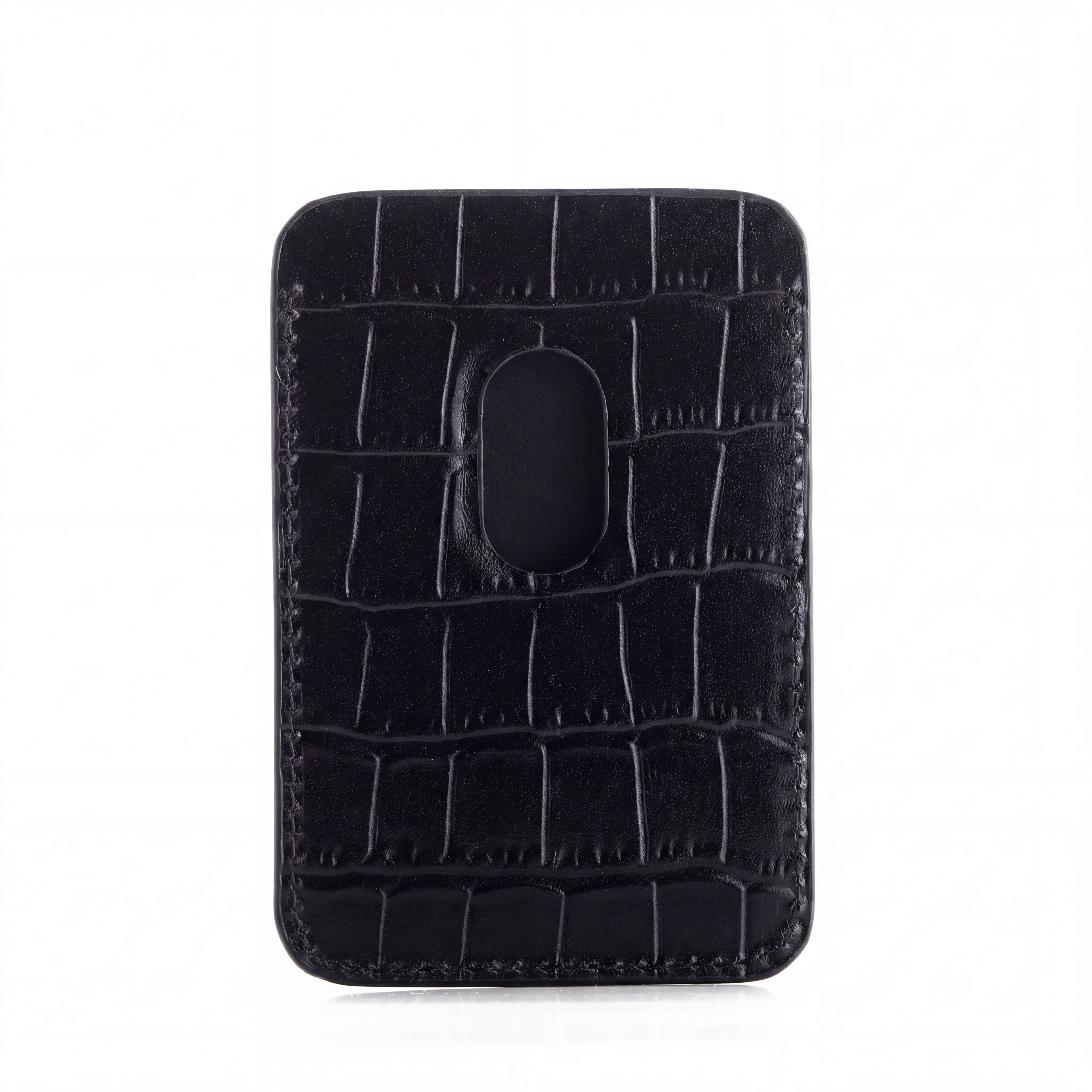 Back side of Black crocodile-patterned MagSafe cardholder on a white background by GENTCREATE